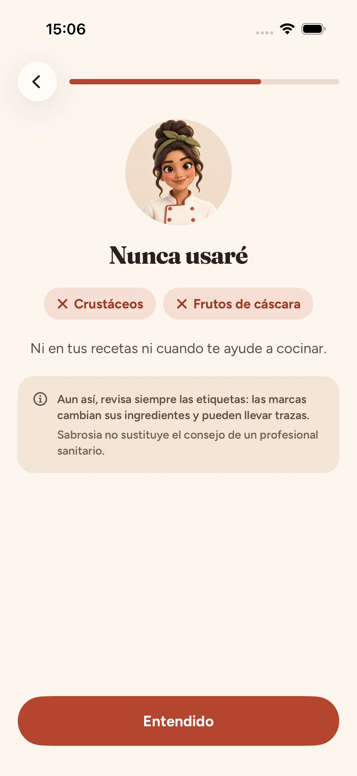 Pantalla «Nunca usaré» con las alergias de la persona