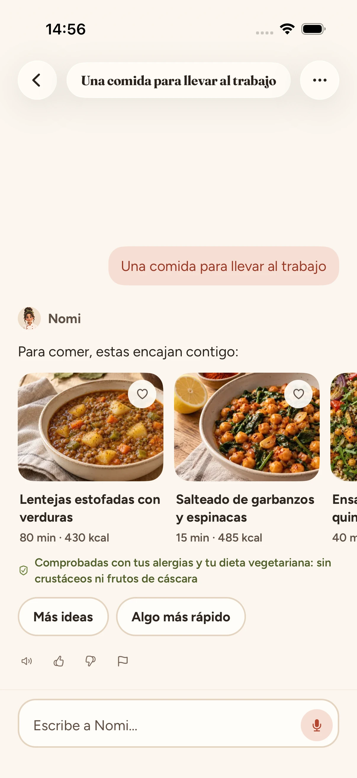 Conversación con Nomi que propone recetas para llevar al trabajo